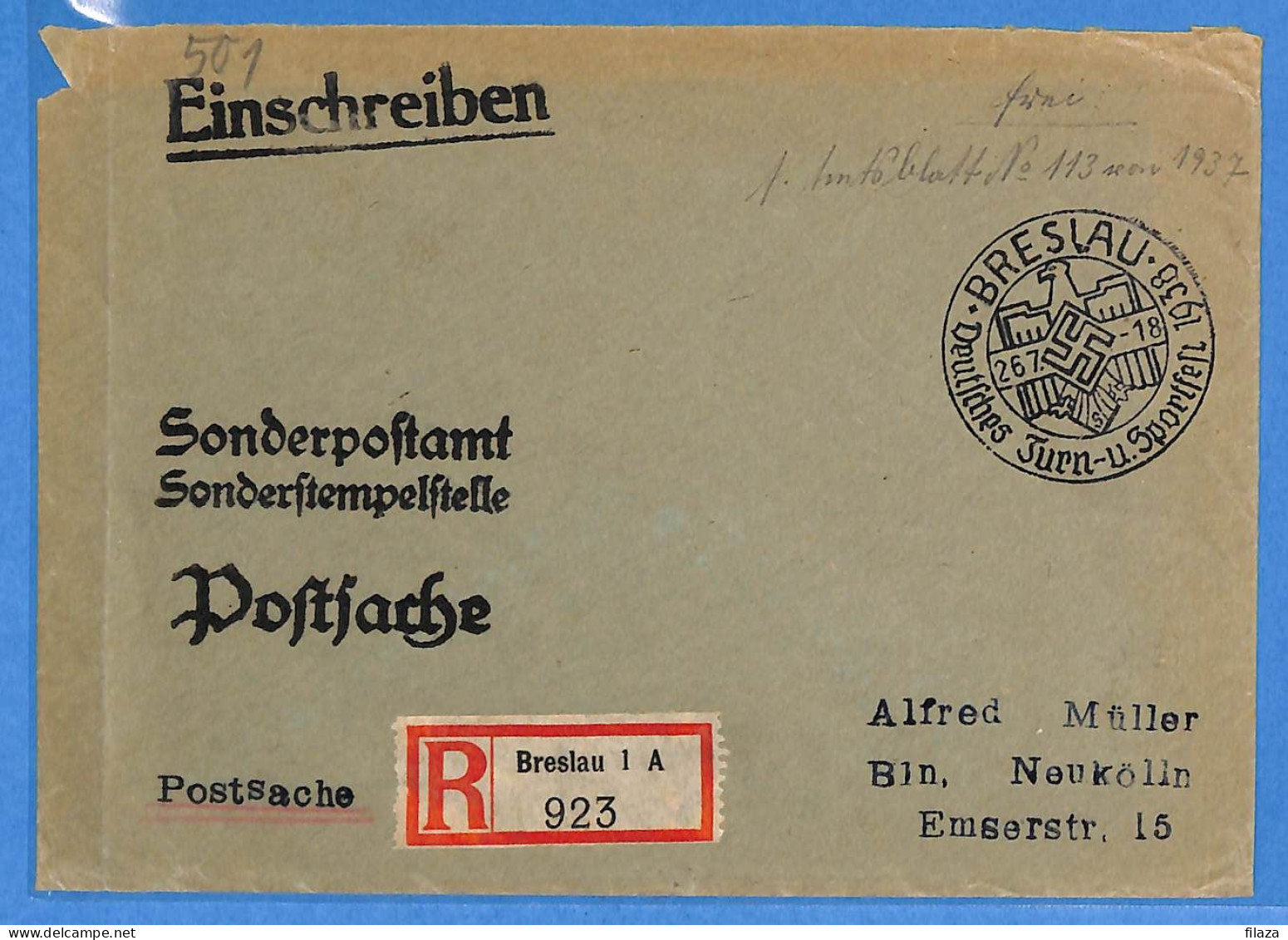 Allemagne Reich 1938 - Lettre Einschreiben De Breslau - G33165 - Briefe U. Dokumente
