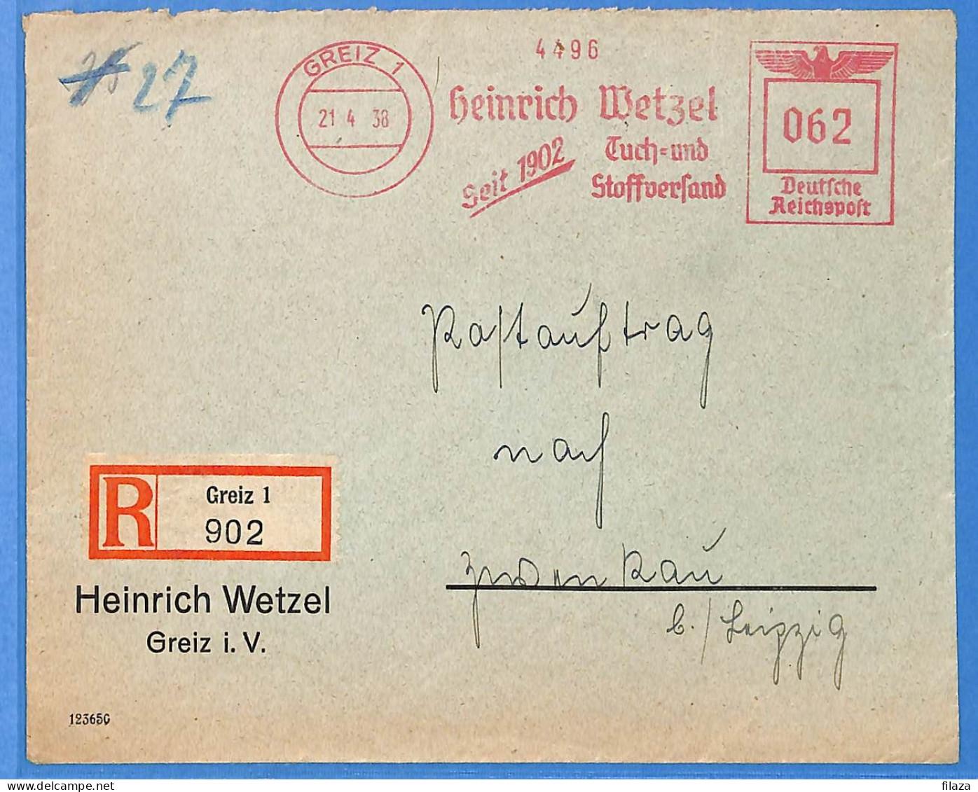 Allemagne Reich 1938 - Lettre Einschreiben De Greiz - G33154 - Lettres & Documents