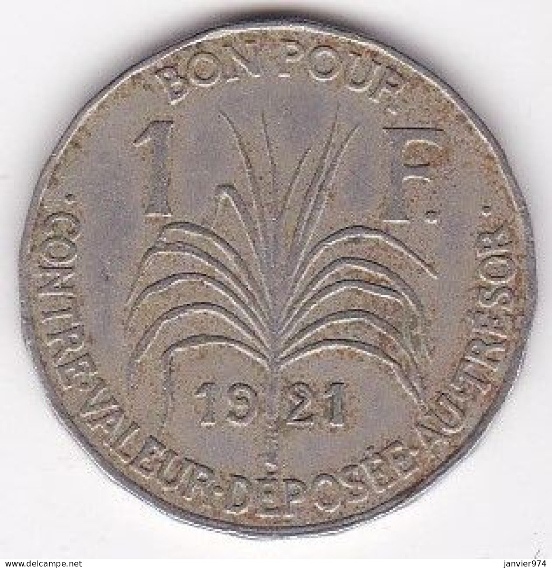 Colonie De La Guadeloupe, Bon Pour 1 Franc 1921, En Maillechort, Lec# 58 - Guadalupe Y Martinica