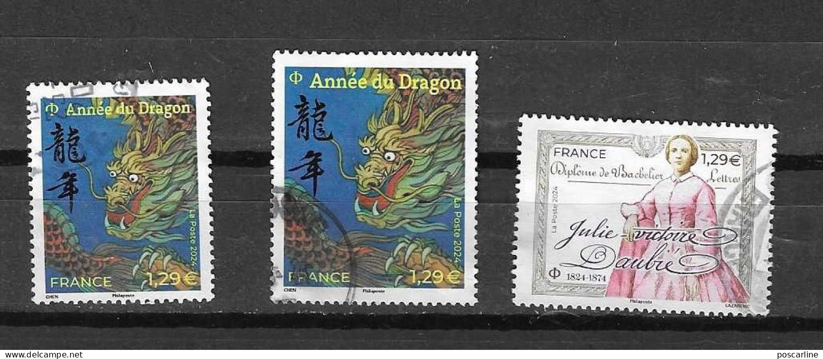 2024, Année Du Dragon, Julie Victoire Daubie, 3 Cachets Ronds - Used Stamps