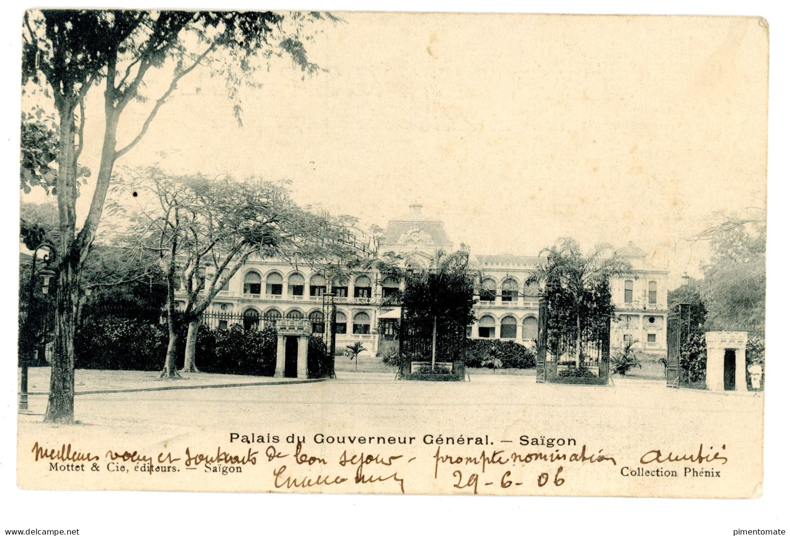 INDOCHINE FRANCAISE VIET NAM COCHINCHINE SAIGON PALAIS DU GOUVERNEUR GENERAL 1906 CACHET QUINHONE ANNAM PAQUEBOT - Viêt-Nam