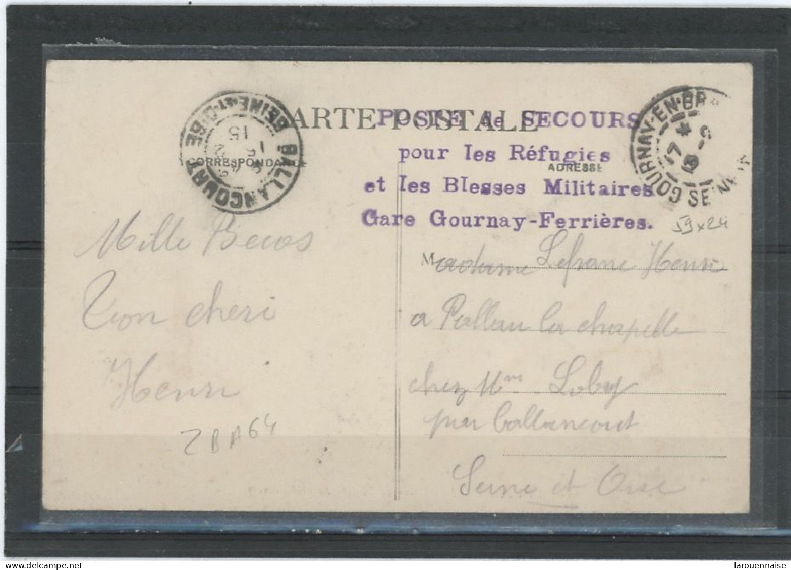 CACHET MILITAIRE -76 GOURNAY EN BRAY -FERRIÈRES -C P- FRAPPE SUP-QUADRILINÉAIRE ,VIOLET 59x24 - - Guerre De 1914-18