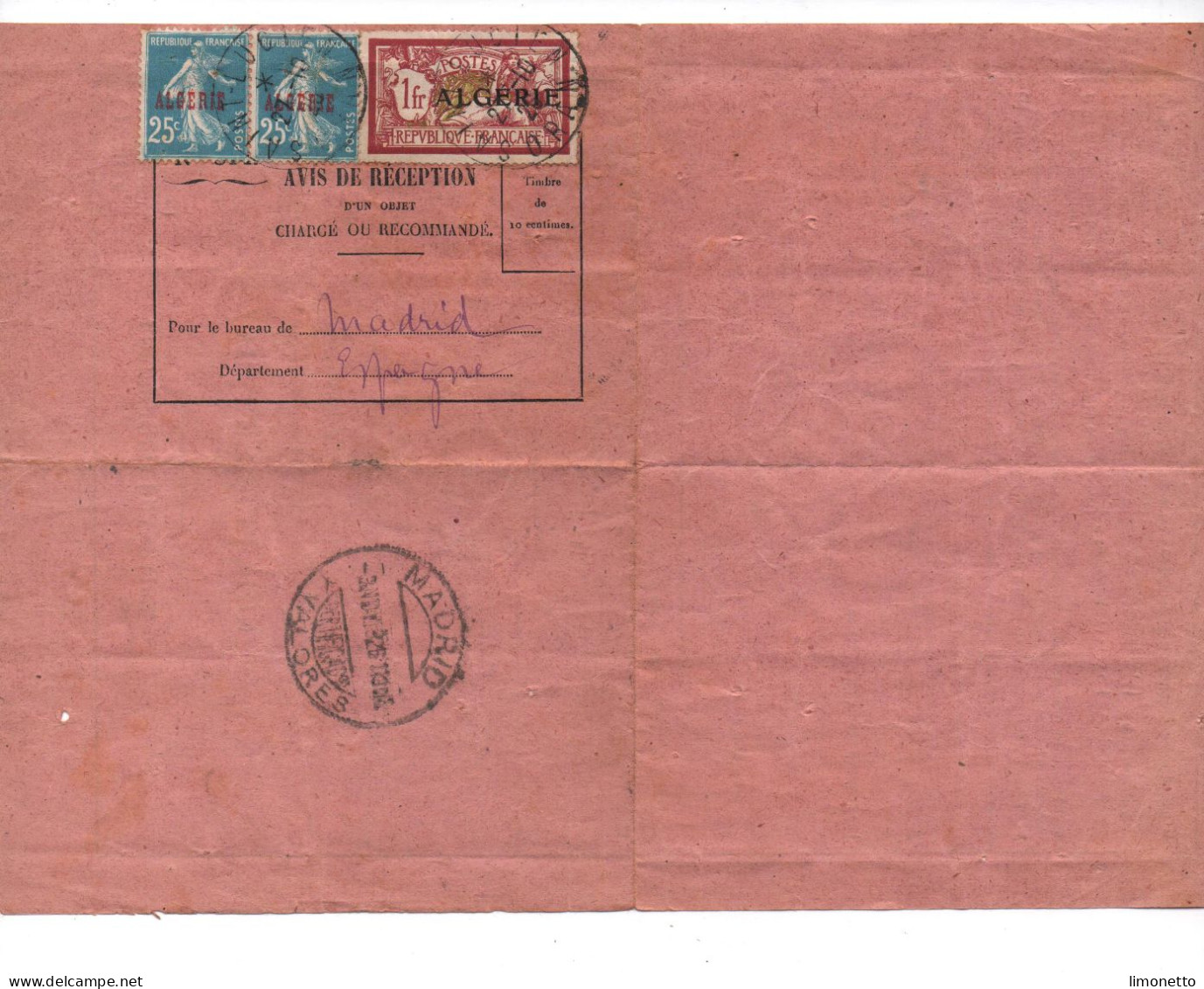 ALGERIE - 1926 - Avis De Réception D'une Lettre Recommandée -timbre 1 Fr Et Paire Du 25 Cts Surchargées -Saint Julien - Covers & Documents