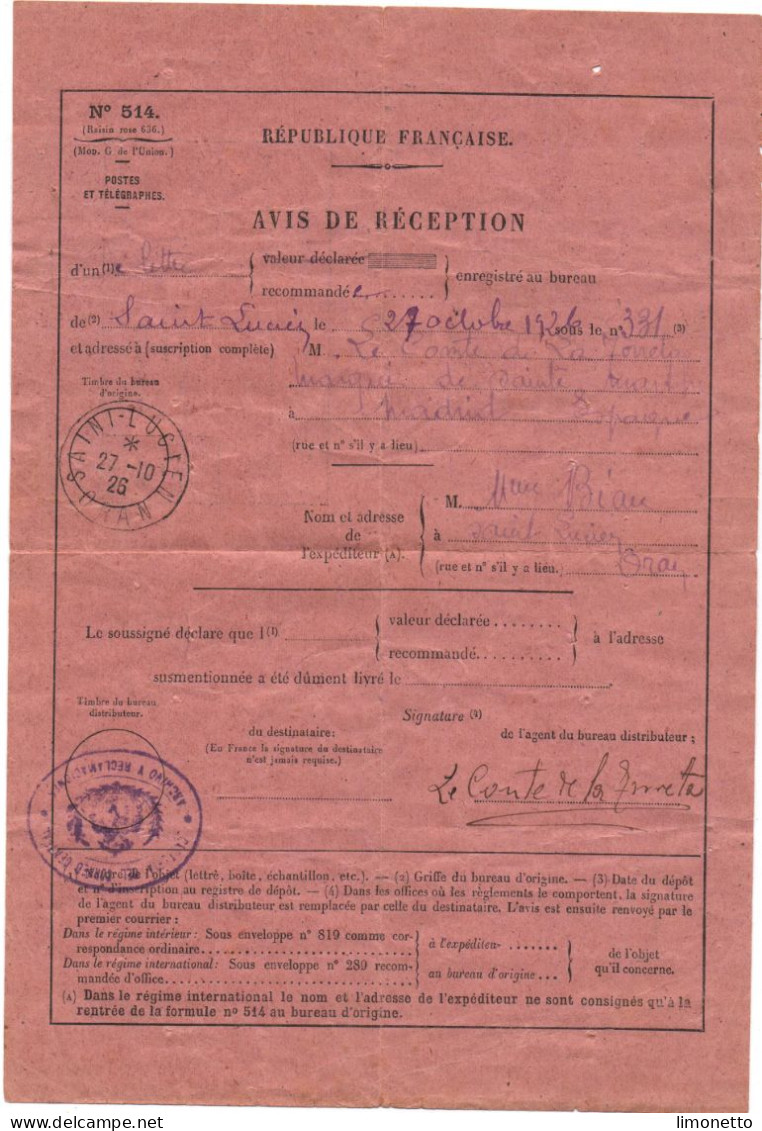 ALGERIE - 1926 - Avis De Réception D'une Lettre Recommandée -timbre 1 Fr Et Paire Du 25 Cts Surchargées -Saint Julien - Lettres & Documents