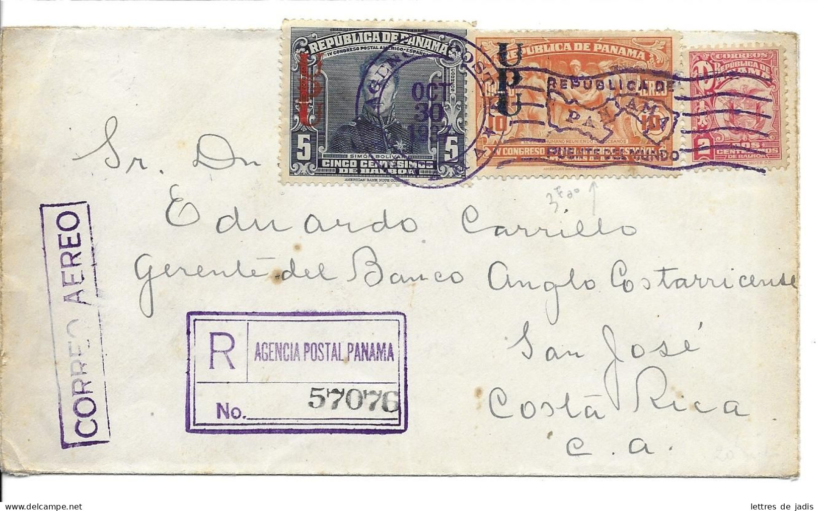 Env Cad AGENCIA POSTAL PANAMA 30 Oct 1937 Pour Le COSTA RICA  TB - Panamá