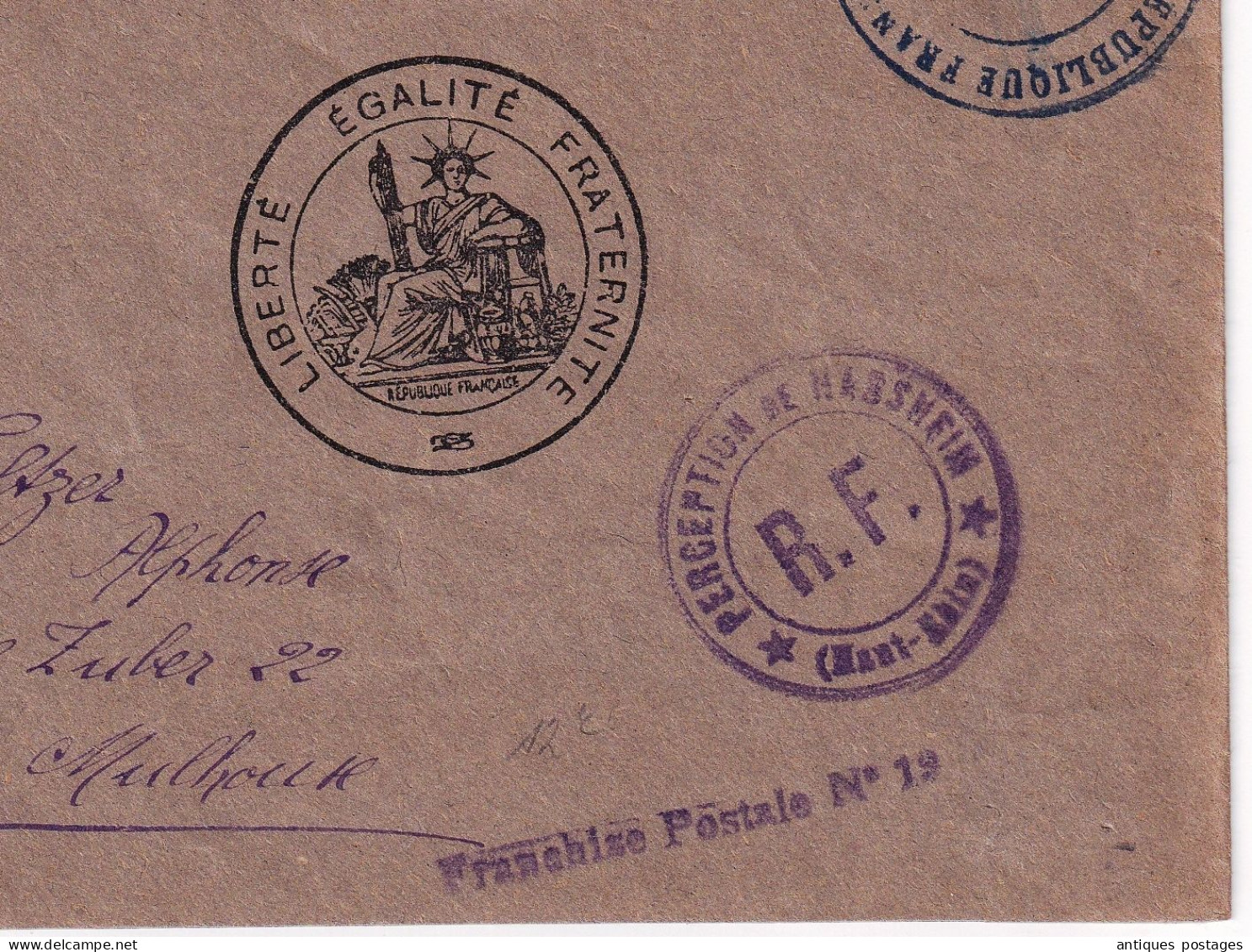 Lettre 1928 Haut Rhin Mulhouse Alsace Perception De Habsheim Franchise Postale N° 19 - Cartas & Documentos