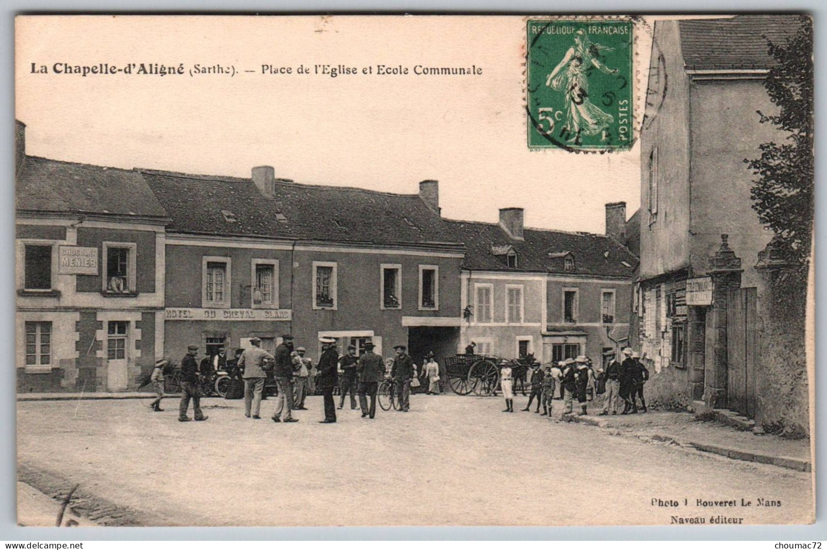 (72) 520, La Chapelle D'Aligné, Naveau éditeur, Place De L'Eglise Et L'Ecole Communale, Café Du Cheval Blanc, état - Altri & Non Classificati