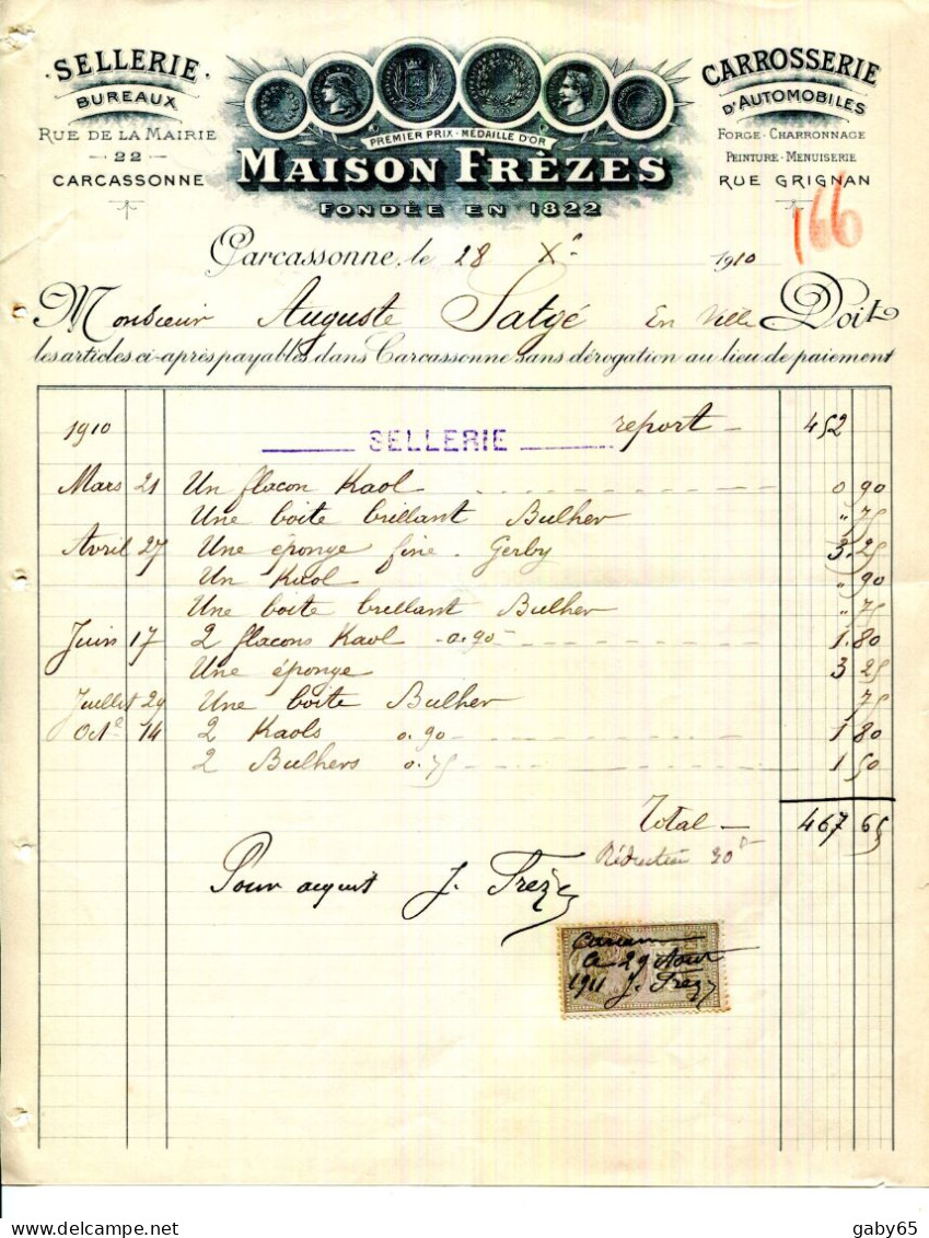 FACTURE.11.AUDE.CARCASSONNE.SELLERIE.CARROSSERIE.FORGE & CHARRONNAGE.MAISON FRÈZES 22 RUE DE LA MAIRIE. - Petits Métiers