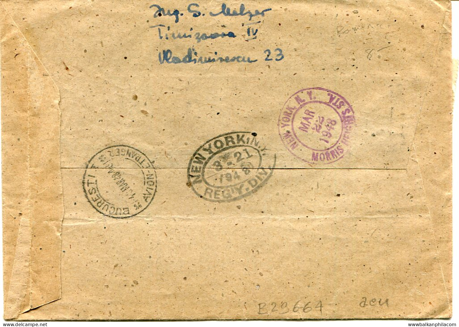 1948 Romania Timisoara Registered Fiscal To USA - Andere & Zonder Classificatie