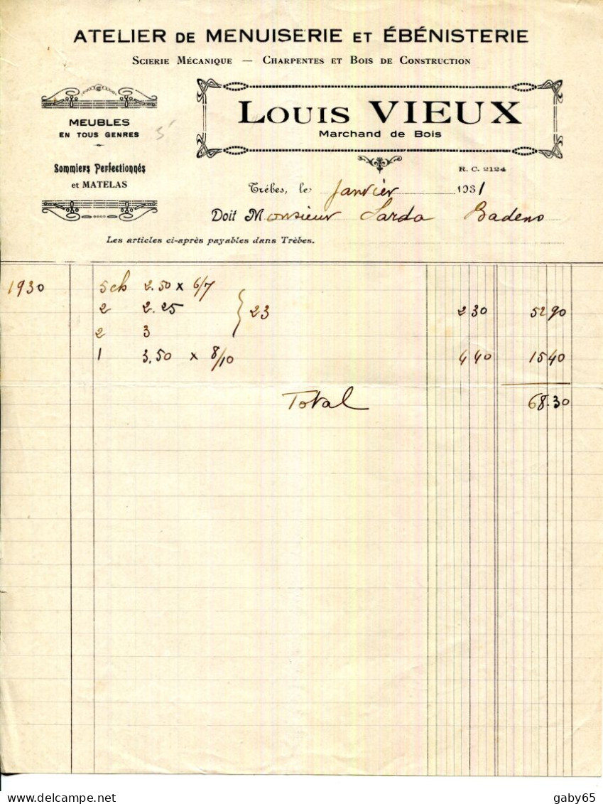 FACTURE.11.AUDE.TRÈBES.ATELIER DE MENUISERIE & ÉBÉNISTERIE.LOUIS VIEUX MARCHAND DE BOIS. - Old Professions