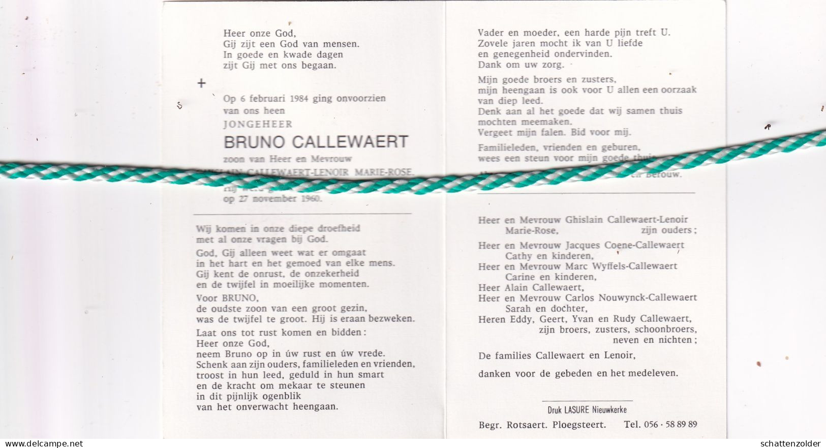 Bruno Callewaert-Lenoir, Ieper 1960, 1984 - Décès