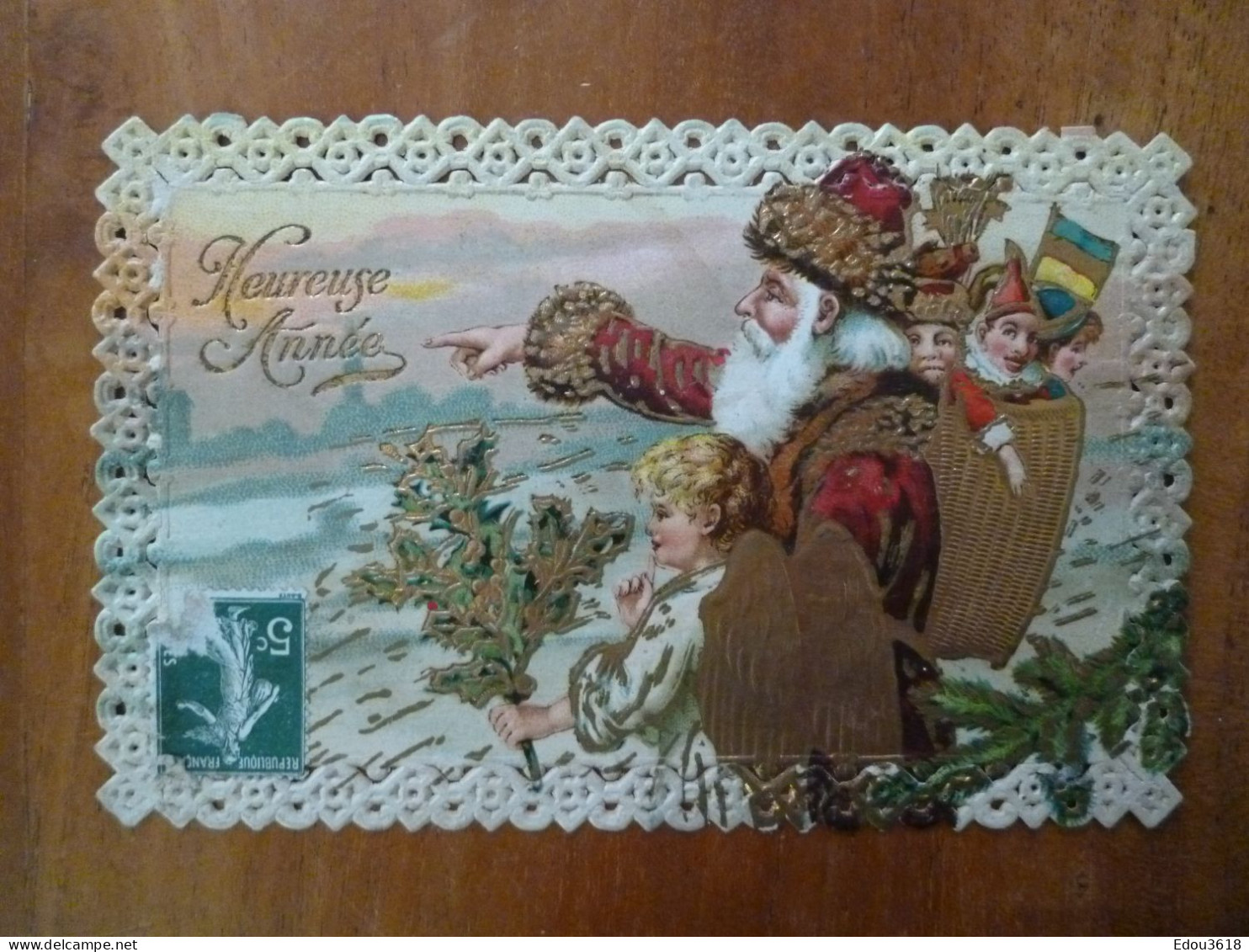 Carte Postale Heureuse Année Gaufrée Dorée Dentelle Père Noel Ange Made In Germany X - Neujahr