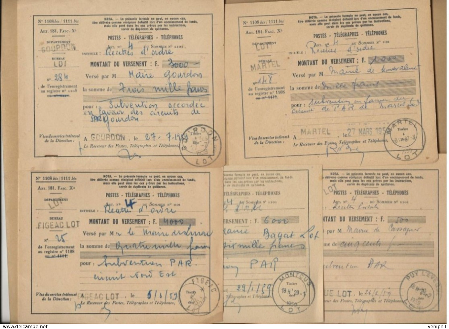 LOT DE 5 DECLARATIONS DE VERSEMENT P.T.T. TOUTES OBLITERATIONS DIFFERENTES -DEPARTEMENT DU LOT  -ANNEE 1959 - Mechanical Postmarks (Other)
