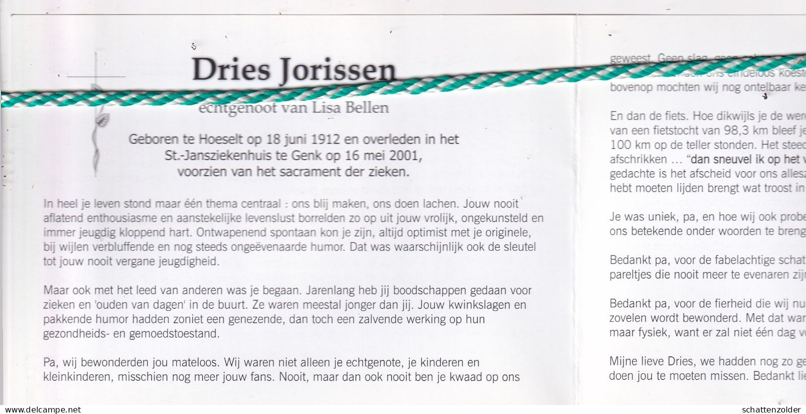 Dries Jorissen-Bellen, Hoeselt 1912, Genk 2001. Foto Fiets - Obituary Notices
