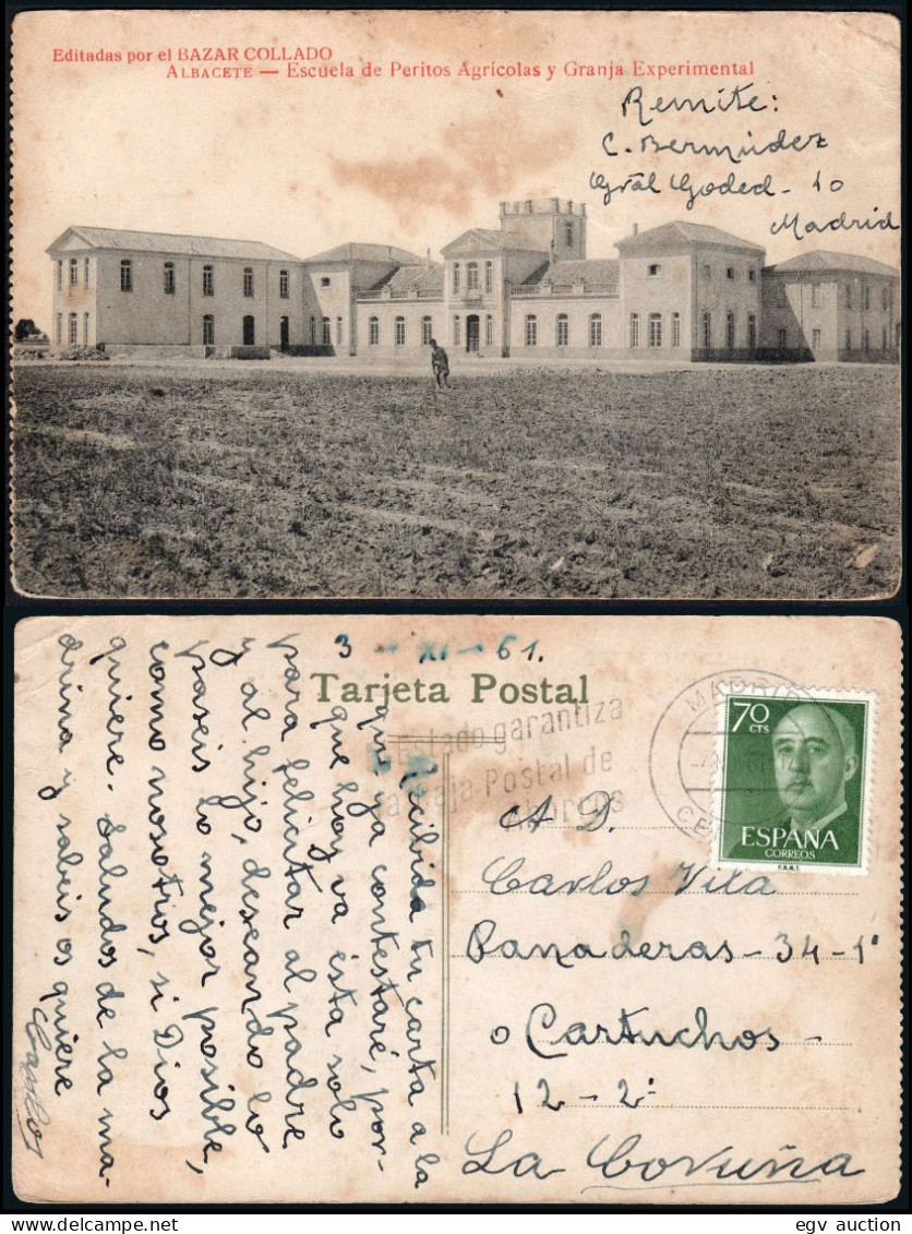 Albacete - Años 1950 - Postal "Albacete - Escuela De Peritos Agrícola Y Franja Experimental" Circulada - Briefe U. Dokumente