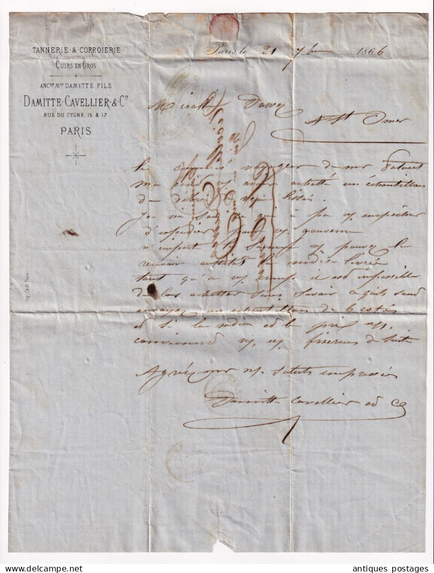 Lettre1866 Paris Etoile Muette Saint Omer Damitte Cavellier Tannerie Cuirs Corroierie Tanneur Leather Rue Du Cygne - 1862 Napoléon III