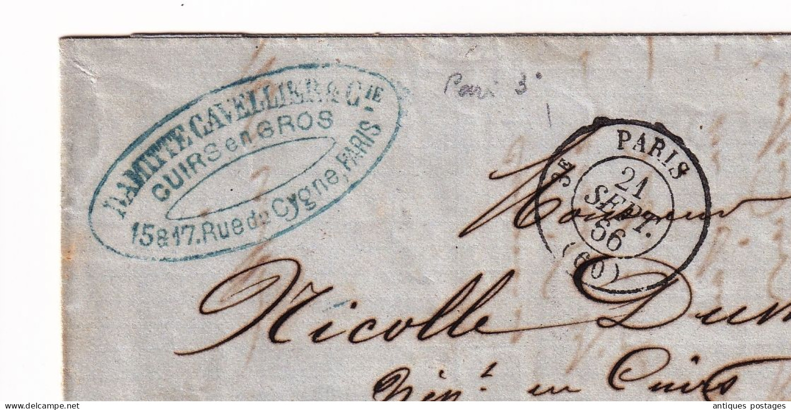 Lettre1866 Paris Etoile Muette Saint Omer Damitte Cavellier Tannerie Cuirs Corroierie Tanneur Leather Rue Du Cygne - 1862 Napoléon III