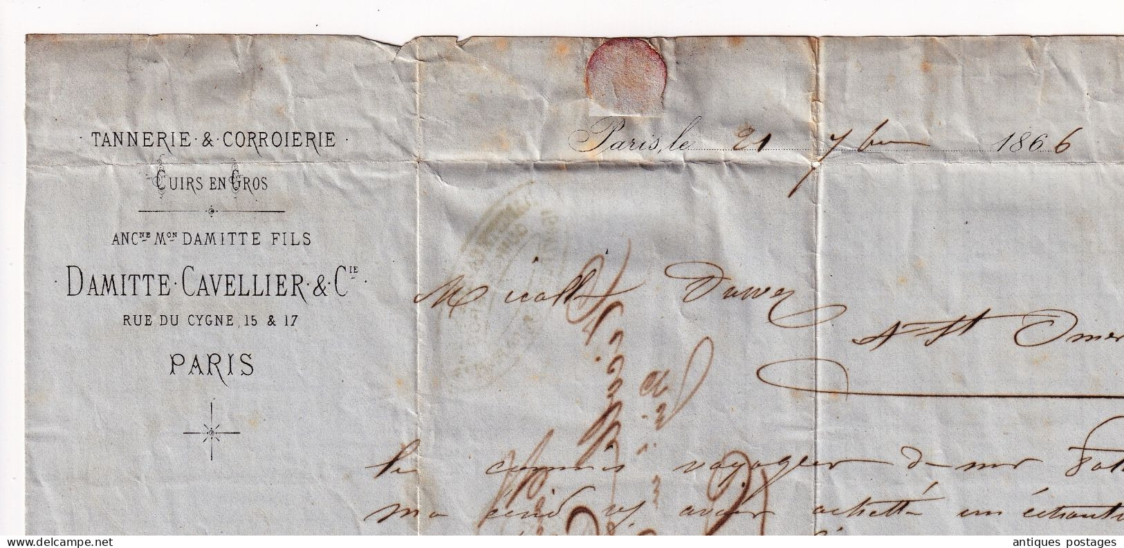 Lettre1866 Paris Etoile Muette Saint Omer Damitte Cavellier Tannerie Cuirs Corroierie Tanneur leather Rue du Cygne