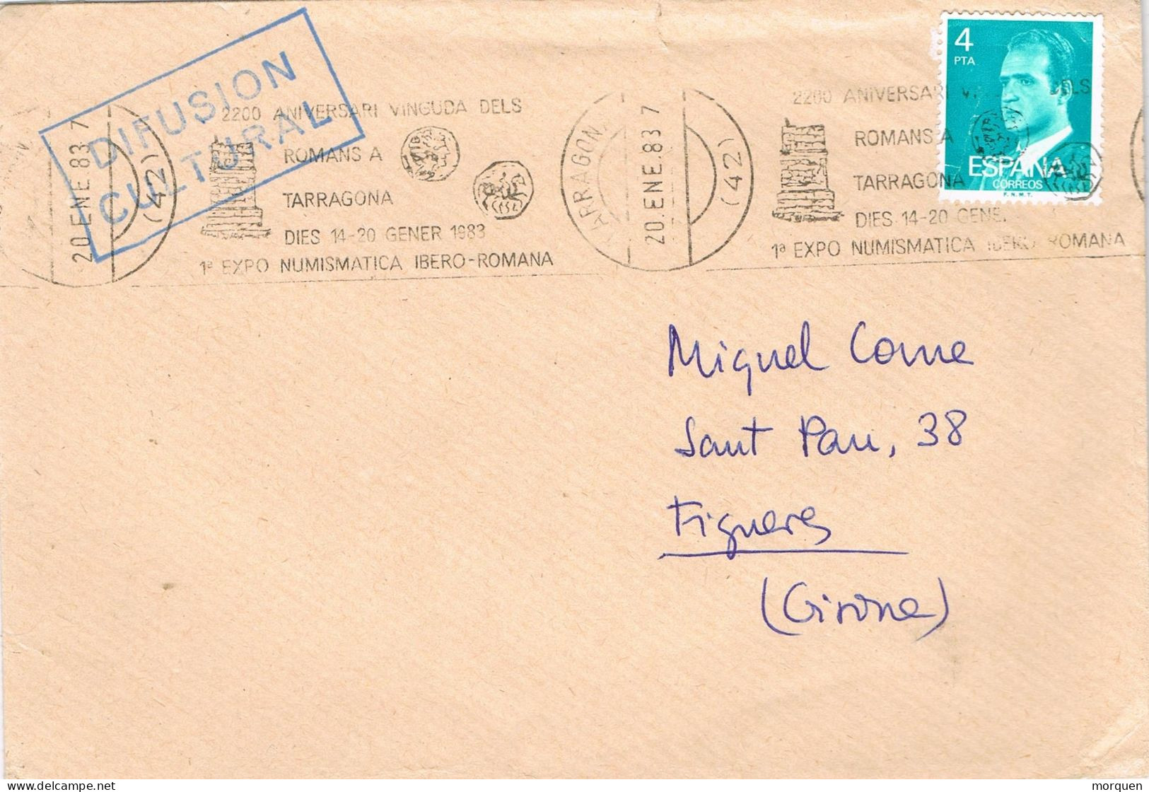 55085. Carta TARRAGONA 1983. Rodillo Romanos A Tarragona, Exposicion Numismatica Ibero-romana - Storia Postale