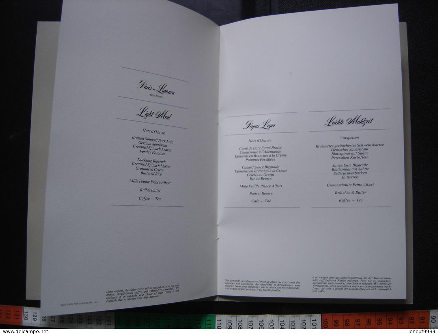 Menu SINGAPORE AIRLINES Vol Paris Larnaca Dubai Singapore 1984 - Menus