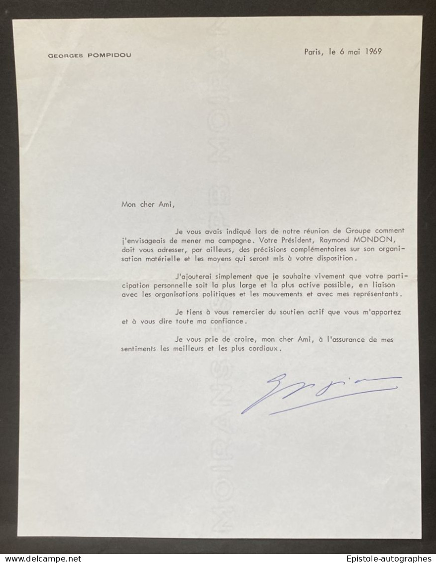 Georges POMPIDOU – Lettre Signée – Campagne Présidence De La République - 1969 - Personnages Historiques
