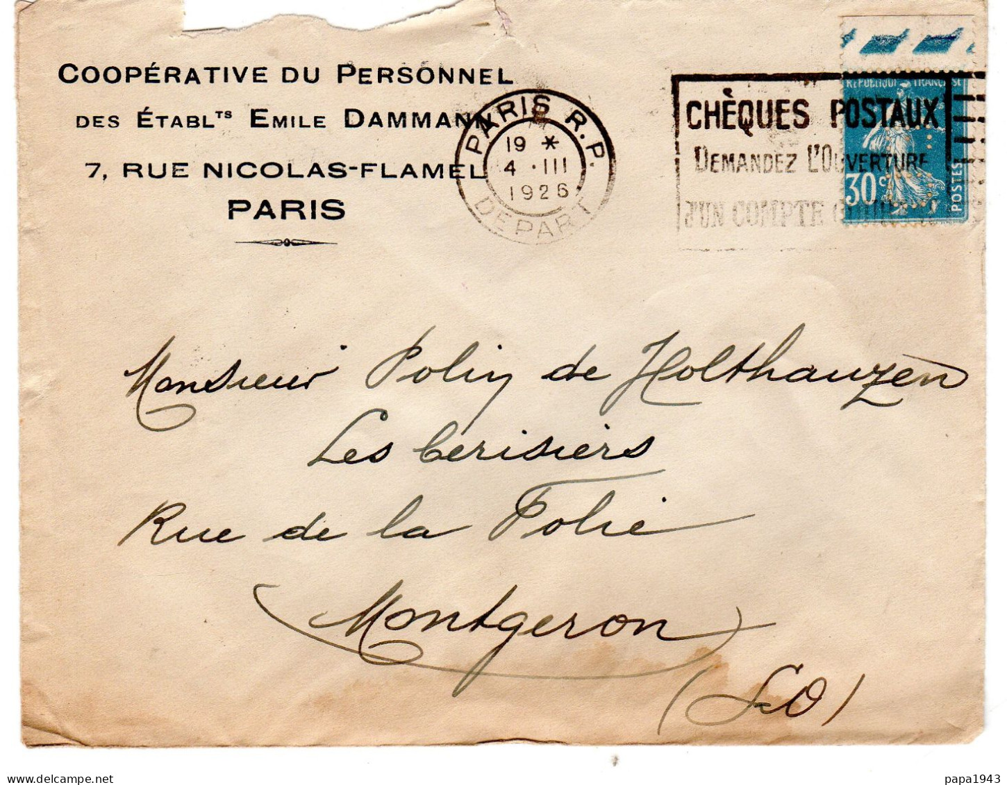 1926  "  Ets Emile DAMMAND  Coopérative Du Personnel " 7 Rue Nicolas FLAMEL PARIS Envoyée à MONTGERON - Brieven En Documenten