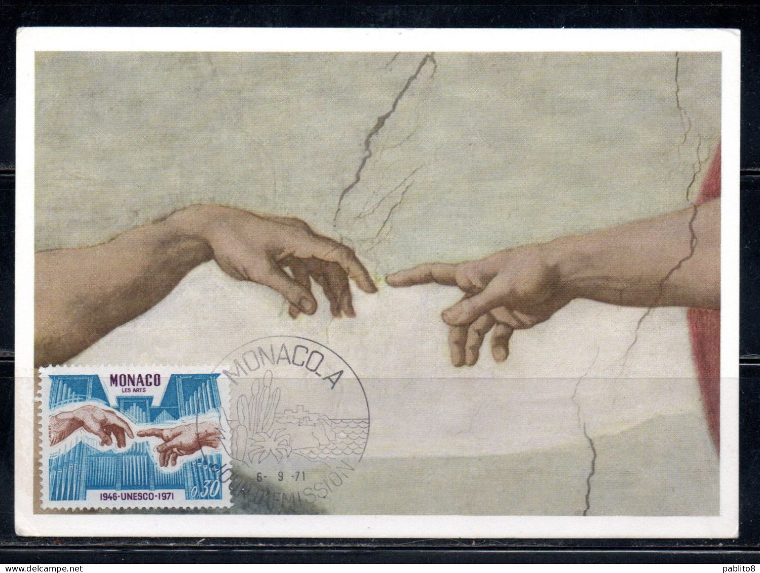 PRINCIPAUTE DE MONACO 1971 ANNIVERSAIRE L'UNESCO ARTS ORGAN PIPES MICHELANGELO'S CREATION OF ADAM 30c MAXIMUM MAXI CARD - Cartoline Maximum
