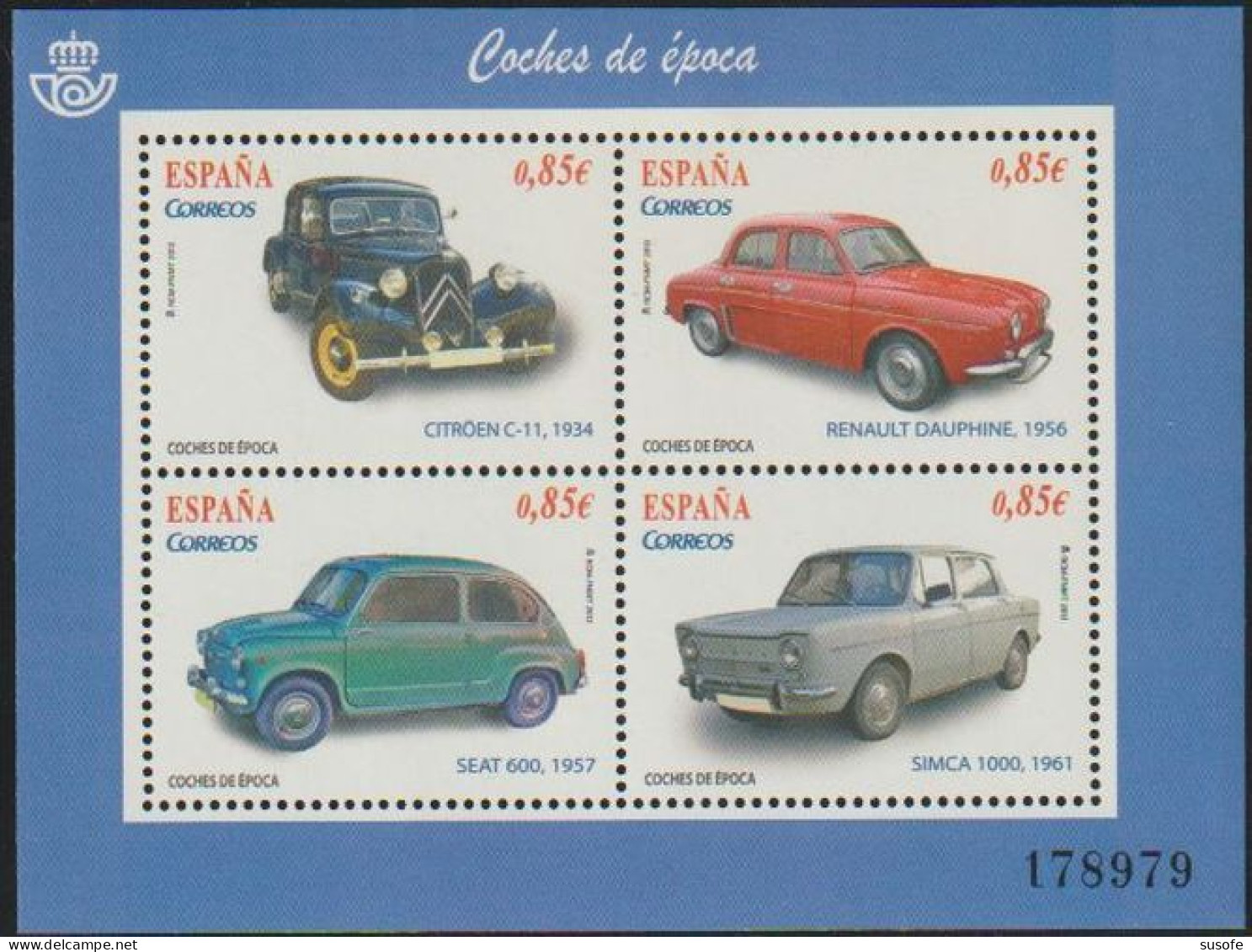 España 2012 Edifil 4725 Sello ** HB Coches De Epoca Citroen C11 1934, Renault Dauphine 1956, Seat 600 1957, Simca 1000 - Neufs