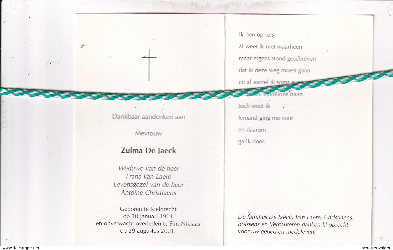 Zulma De Jaeck-Van Laere-Christiaens, Kieldrecht 1914, Sint-Niklaas 2001. Foto - Obituary Notices