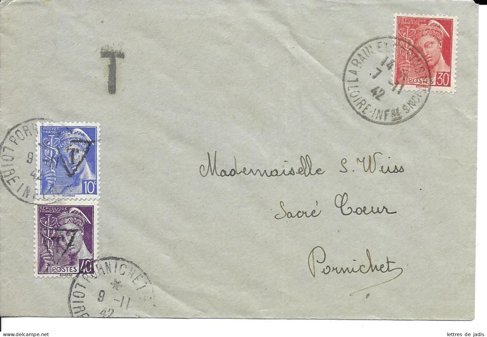 Env  Cad LA BAULE 7/11/1942 Taxée Par 2 Tp Mercure Pour PORNICHET TB - 2. Weltkrieg 1939-1945