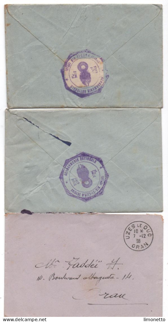 ALGERIE -1938 - Lot De 3 Enveloppes " Gendarmerie D'UZES-le-DUC -ORAN - Aff. F.M 65 Cts De France + Cachet Gendarmerie - Brieven En Documenten