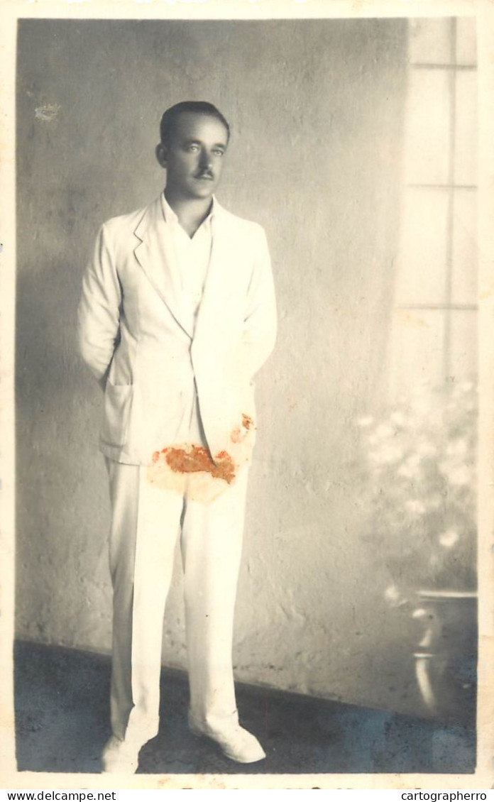 Souvenir Photo Postcard Elegant Man White Suit Moustache - Photographs