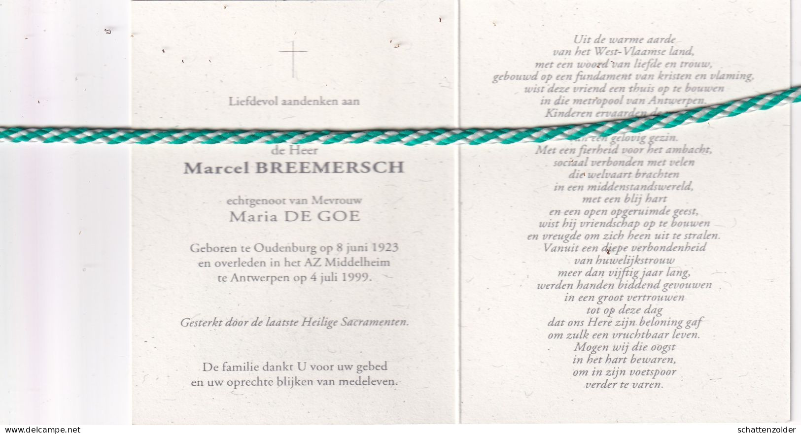 Marcel Breemersch-De Goe, Oudenburg 1923, Antwerpen 1999. Foto - Obituary Notices