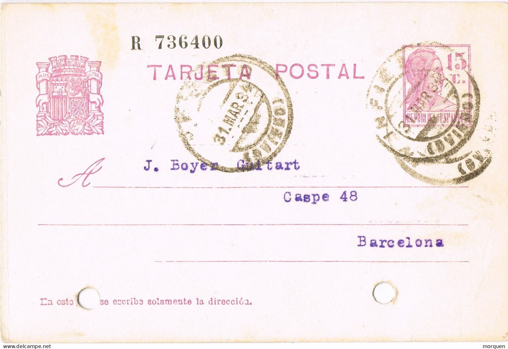 55090. Entero Postal INFIESTO (Oviedo) 1934, Republica. Comercial Pedro Cepeda - 1931-....