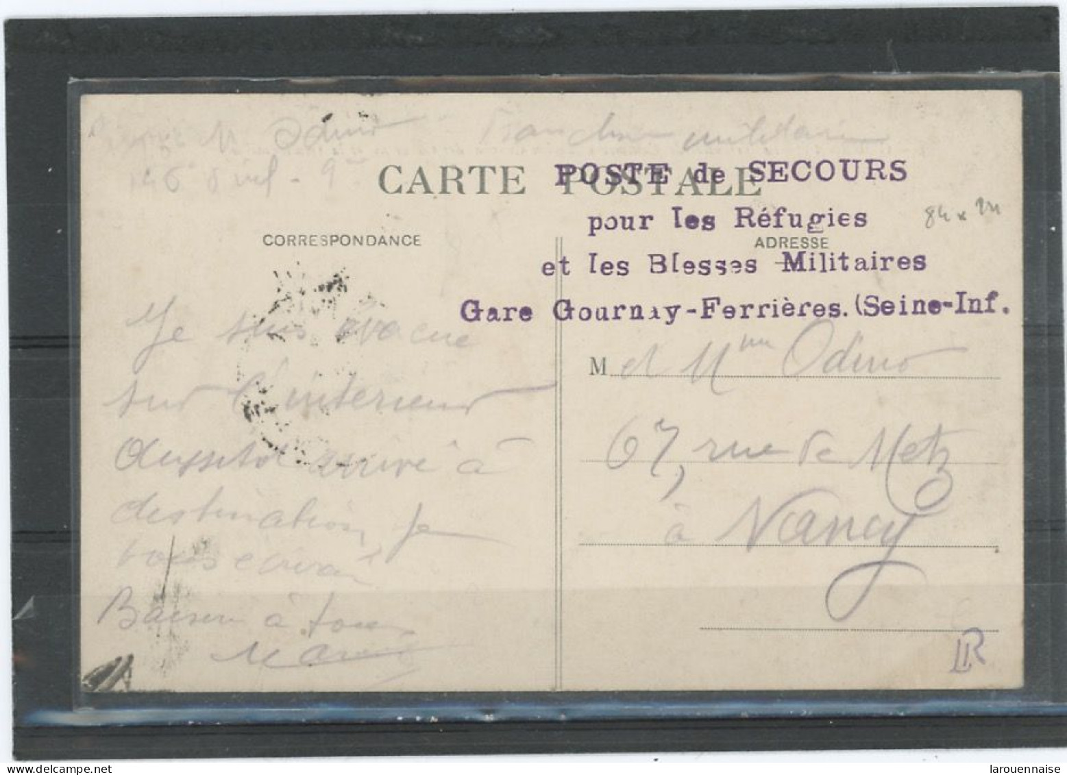 CACHET MILITAIRE -76 GOURNAY EN BRAY -FERRIÈRES -C P- FRAPPE SUP-QUADRILINÉAIRE ,VIOLET 84x24 - - Guerre De 1914-18