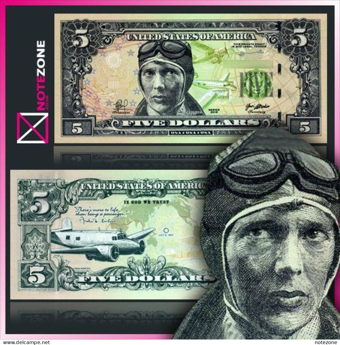 Frank Medina Amelia Earhart $5 USA Banknote Private Fantasy Test Note - Sonstige & Ohne Zuordnung