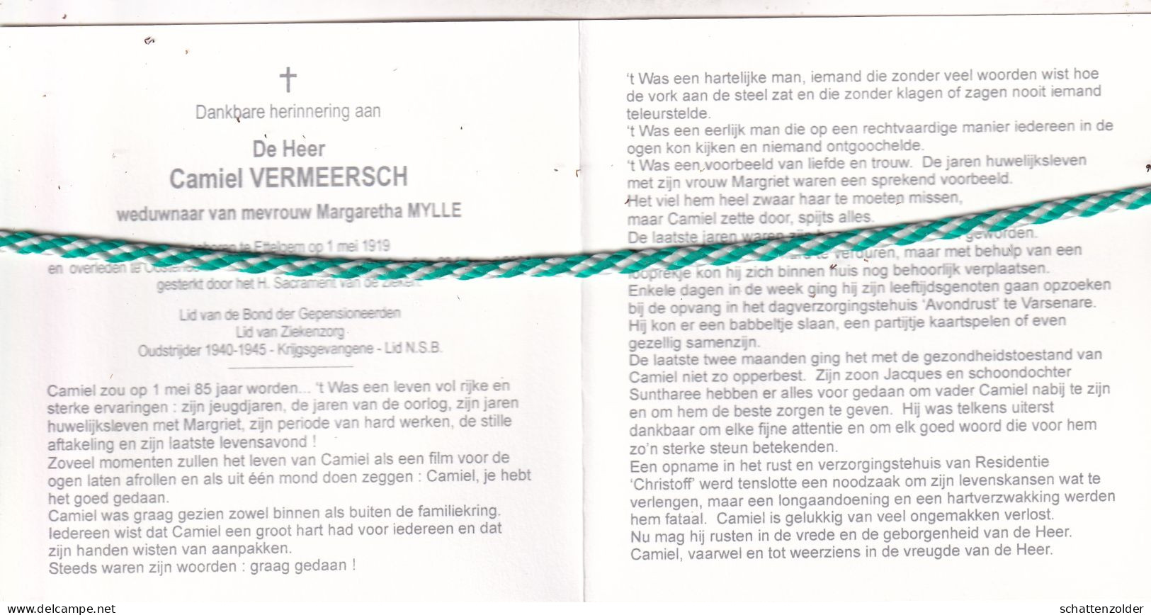 Camiel Vermeersch-Mylle, Ettelgem 1919, Oostende 2004. Oud-strijder 40-45; Foto Accordeonist - Décès