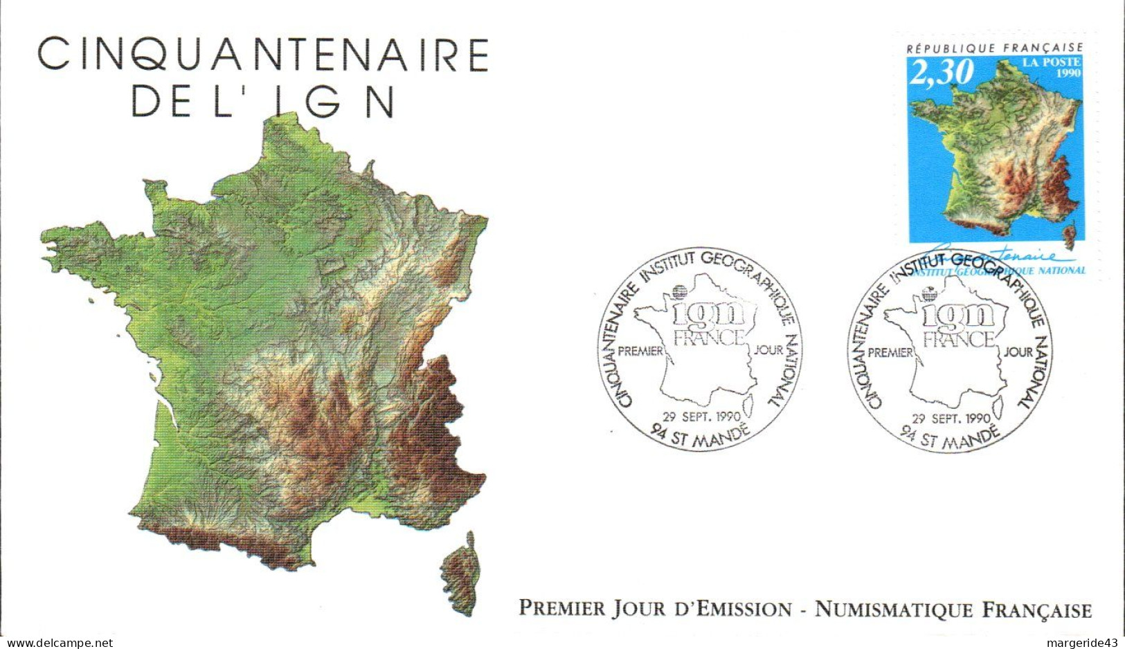 FDC 1990 50 ANS INSTITUT GEOGRAPHIQUE NATIONAL - 1990-1999