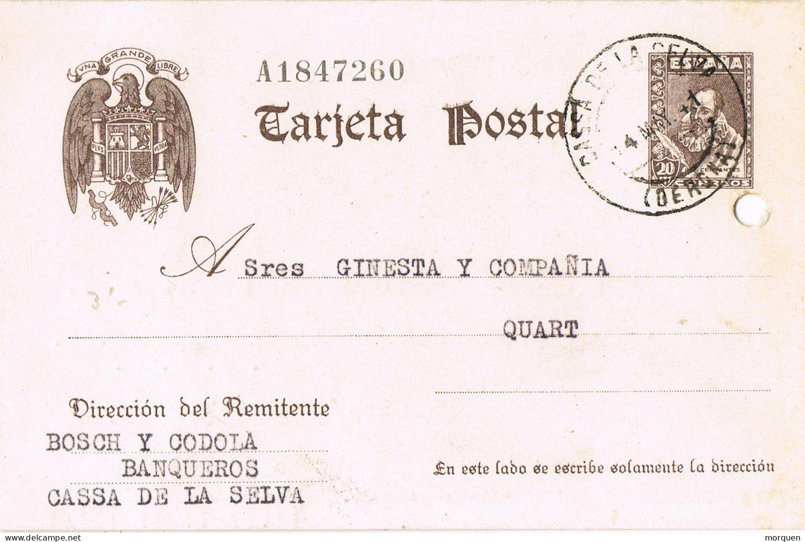 55091. Entero Postal CASSA De La SELVA (Gerona) 1941. Cervantes Sin Pie A QUART - 1931-....