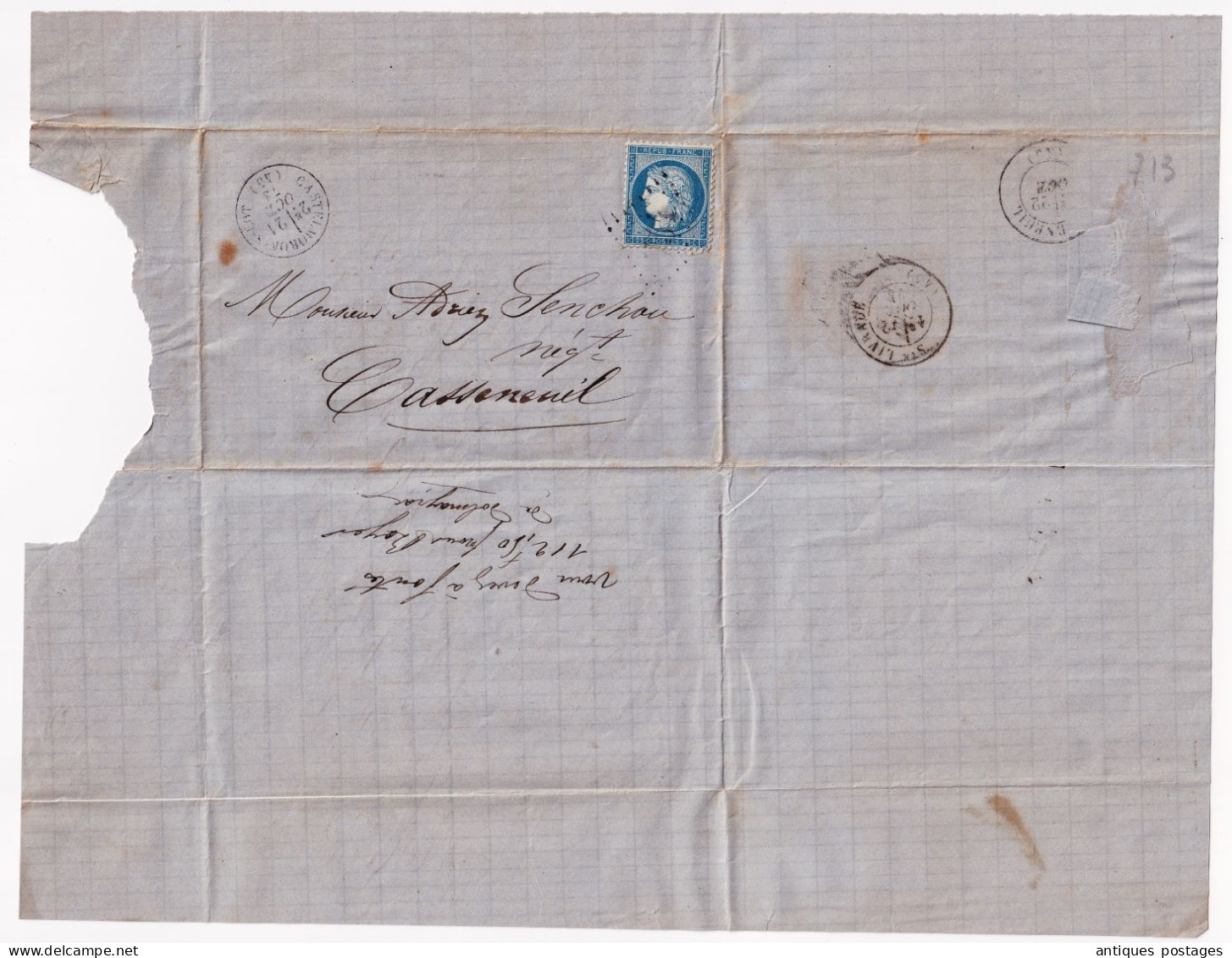 Lettre 1873 Cérès Castelmoron Lot et Garonne Casseneuil Adrien Senchou