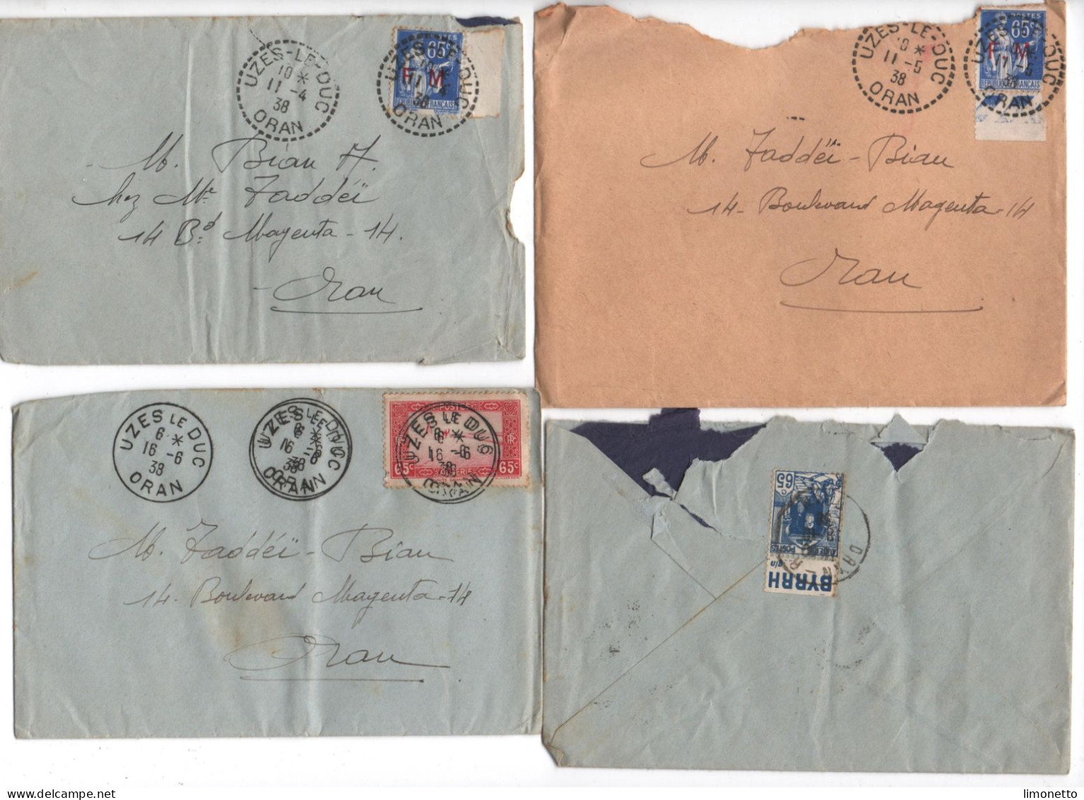 ALGERIE -1938 - Lot De 4 Enveloppes - D'UZES-le-DUC -ORAN - Aff. Divers Dont FM 65 Cts -1 Timbre Bandelette PUB - Covers & Documents