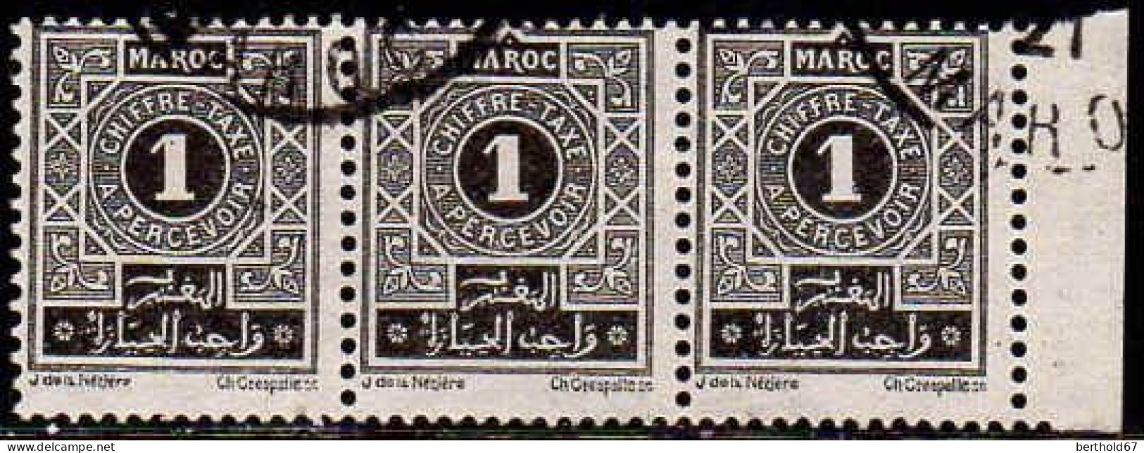 Maroc (Prot.Fr) Taxe Obl Yv:27 Mi:11 Chiffre-Taxe A Percevoir 3 Se Tenant (Beau Cachet Rond) - Timbres-taxe