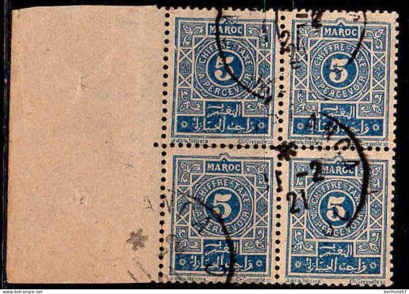 Maroc (Prot.Fr) Taxe Obl Yv:28 Mi:12 Chiffre-Taxe A Percevoir Bloc De 4 (cachet Rond) - Postage Due