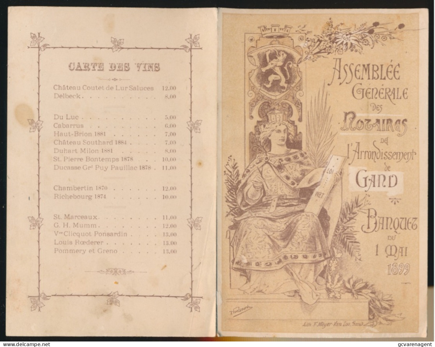 GAND BANQUET DU 1 MAI 1899 - ASSEMBLEE GENERALE DES ROSAIRES DE L'ARRONDISSEMENT DE GAND    195 X 120 MM - Menükarten
