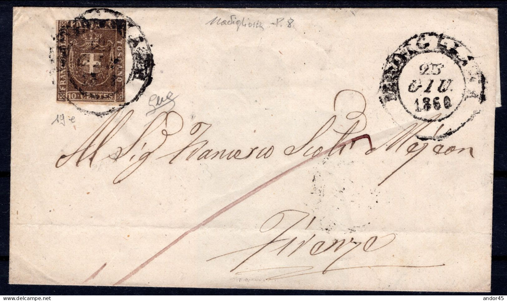 1860 25 GIUGNO GOVERNO PROVVISORIO C.10 SASS 19e BEN MARGINATO SU PIEGO DI LETTERA DA MODIGLIANA P8 PER FIRENZE FIRMA BI - Toskana