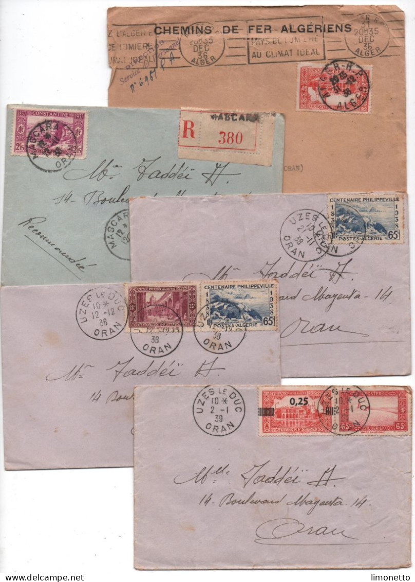 ALGERIE -1936/39- Lot De 5 Enveloppes - D'UZES-le-DUC Et Alger- Aff. Divers  Bon état Général - Lettres & Documents