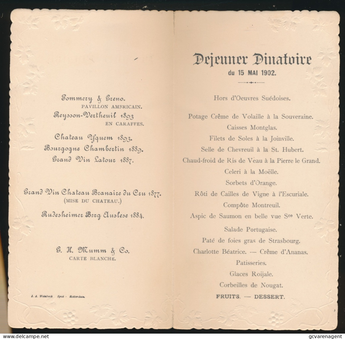 DEJEUNER DINATOIRE DU 15 MAI 1902      165 X 85 MM - Menus