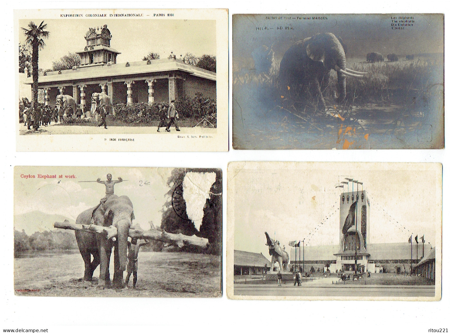 Lot 4 Cpa - éléphant - F. MAISSEN - CEYLON - EXPO Paris 1931  Inde - Pavillon Congo Bruxelles 1935 - Olifanten