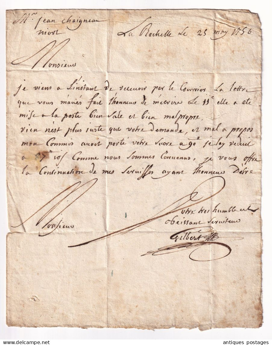 Lettre 1756 La Rochelle Gilbert Charente-Maritime Avec Correspondance Pour Niort Deux-Sèvres Jean Chaigneau Epicier - 1701-1800: Vorläufer XVIII