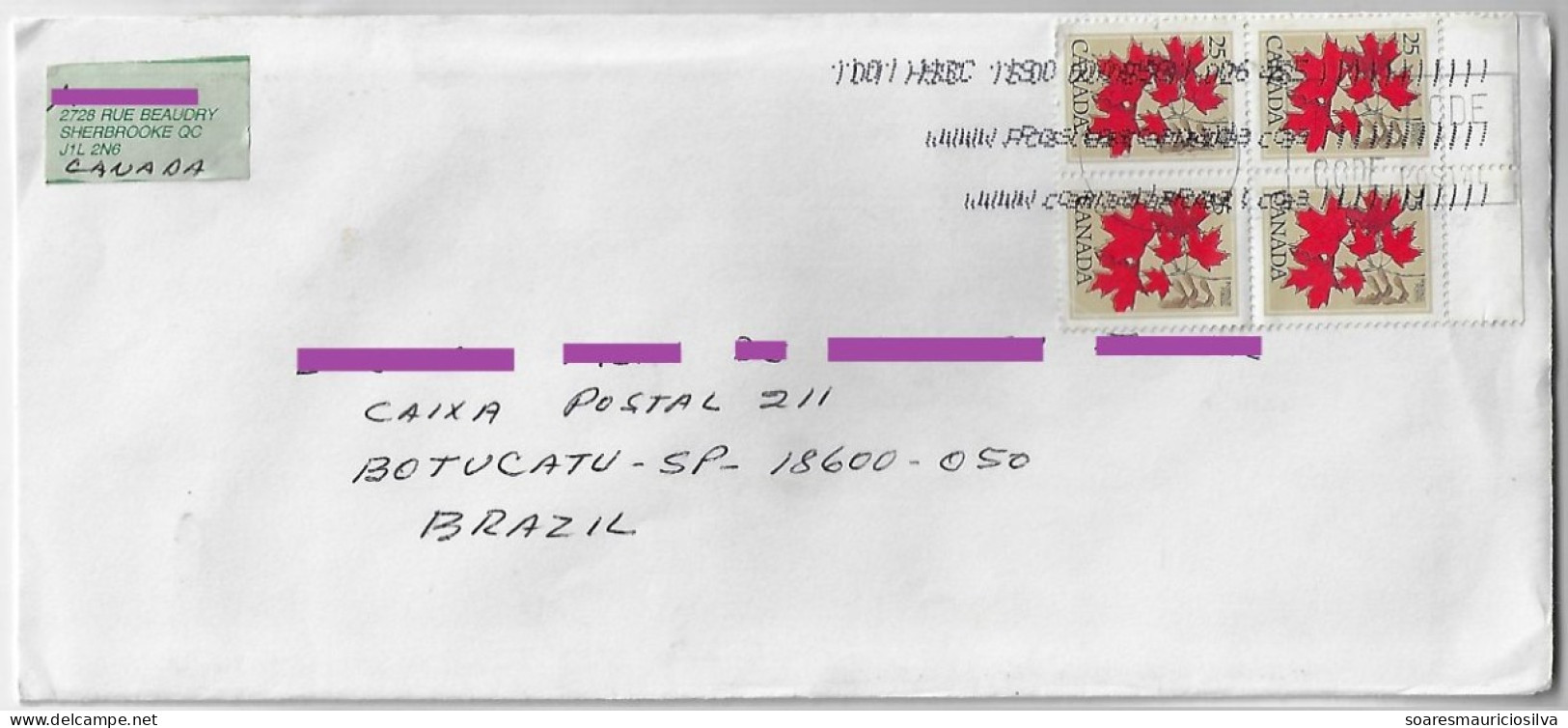 Canada 2000 Cover From Sherbrooke To Brazil Misdirected To Chile Block Of 4 Stamp Maple Leaf Electronic Sorting Mark - Lettres & Documents